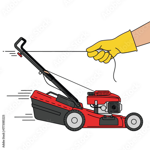 Red lawn mower being started with a pull cord vector illustration of gardening equipment isolated on white background