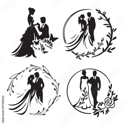 Wedding Couple Silhouette Vector Set — Black and White Romantic Illustrations Framed with Floral and Leafy Decorative Wreaths
