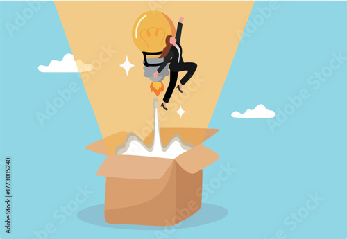 Idea, creativity or think outside the box, solution or think difference, wisdom or imagination to success concept, smart businesswoman with lightbulb idea as rocket booster flying from open box.