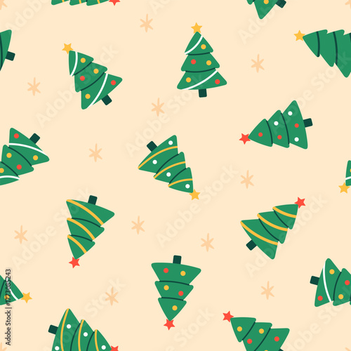 Vector pattern with cute Christmas trees, colored decorations, and stars on a beige background. Seamless festive print for wrapping, wallpaper, and holiday design. Winter celebration print.
