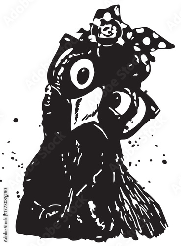 Quirky Chicken Vector — Black and White Stylized Illustration of Cartoon Hen with Polka-Dot Bow and Expressive Ink Splatter