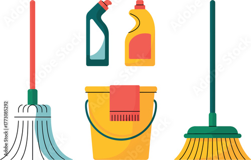 Cleaning supplies including a mop, broom, bucket, and bottles are arranged on a white background.