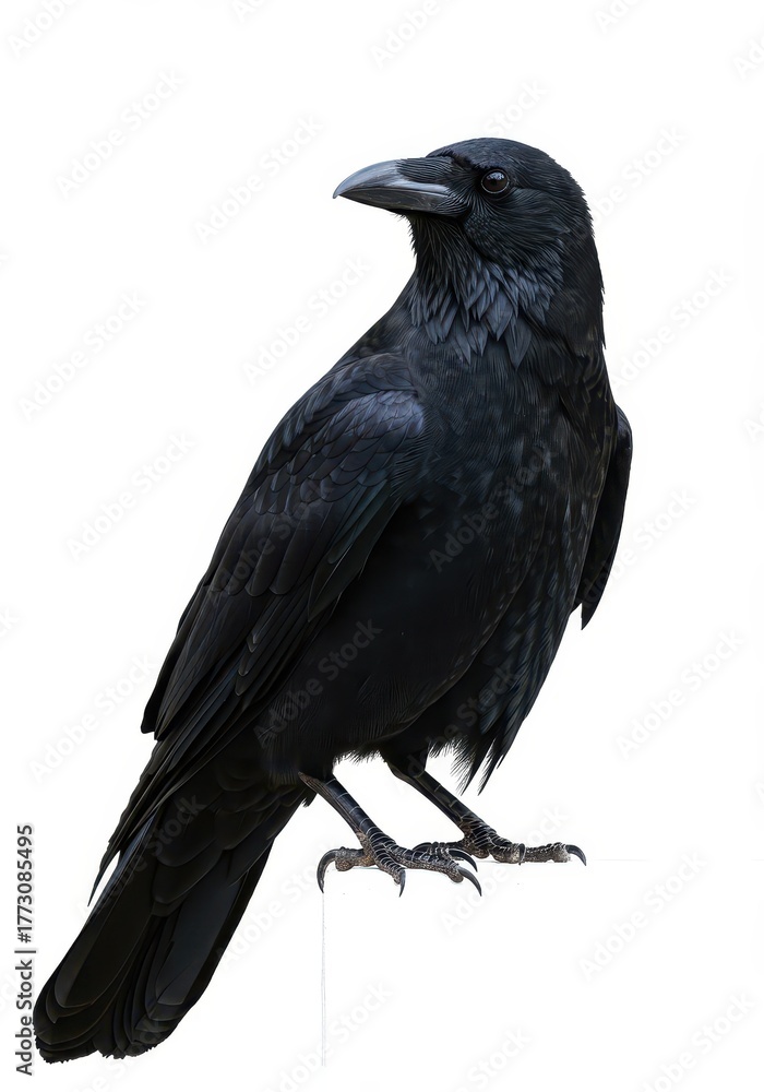 Fototapeta premium A majestic black crow perched against a pristine white backdrop, showcasing its glossy feathers and sharp features in stark contrast, bird, raven, nature