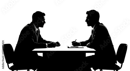 Two professional male silhouettes in suits face each other across a table, one actively writing