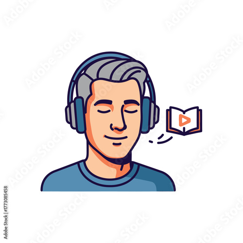 Man listening to audiobook with headphones vector illustration in flat design concept for education and entertainment isolated on white background
