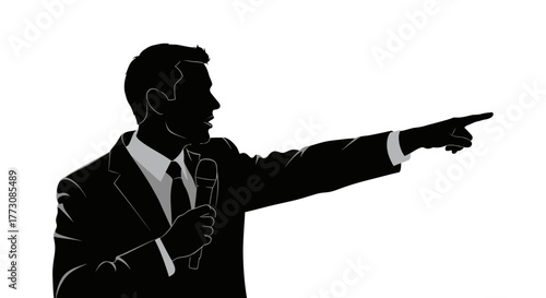 Silhouette illustration of a man in a suit holding a microphone and pointing right, against a white background