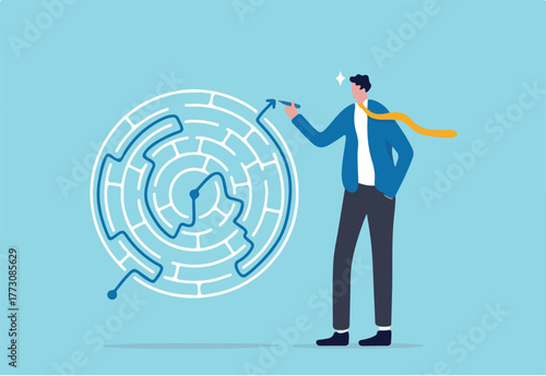 Solution solving business problem, skill and intelligence to overcome difficulty, challenge for leadership concept, smart businessman draw the line showing solution to solve labyrinth maze problem