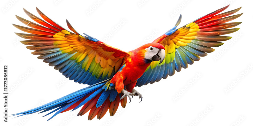 Fototapeta premium Scarlet macaw flying isolated on transparent background with wings spread wide