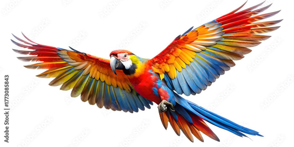 Fototapeta premium Scarlet macaw flying isolated on transparent background with wings spread wide