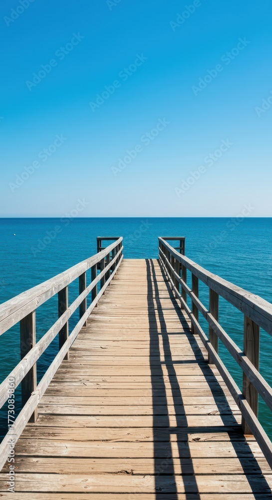 Fototapeta premium A weathered wooden dock extends over deep blue water under a clear summer sky, offering a peaceful view of the coast ,lake ,azure ,ocean