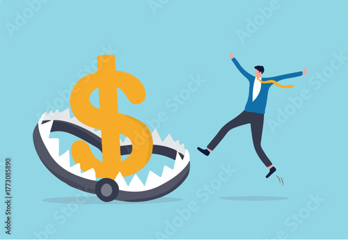 Financial money trap, risk in investment, ponzi scheme or business pitfall concept, businessman investor running and jumping into lore money pitfall or mouse trap with big money dollar sign bait.