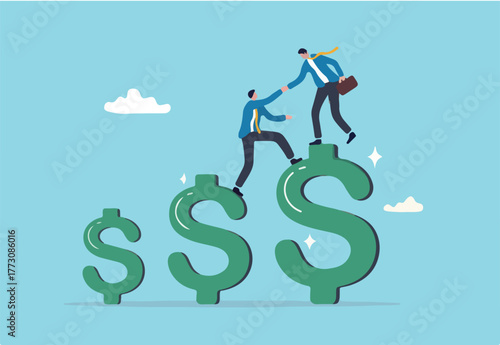 Increase profit, financial advisor help increase earning, income or revenue, growing wealth, profit growth or funding support, improvement or challenge concept, businessman help climb up dollar sign.