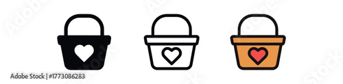 romantic picnic basket icon on white background Black silhouette flat icon outline icon and colored icon style. 1x3 grid. three minimal vector icon style. centered composition clear white