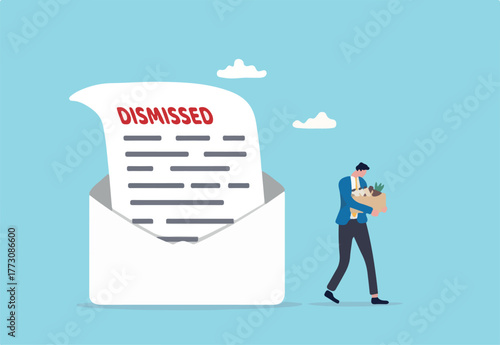 Layoff email sending to employee to inform job dismissed or fired, end career or staff layoff due to economic recession concept, unemployed businessman walk away from dismissed email with his stuff.