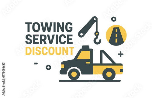 Flat vector banner design text TOWING SERVICE DISCOUNT supporting icons of tow truck hook and road icon dark gray and tones