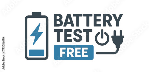 Flat vector banner design text BATTERY TEST FREE supporting icons of battery power symbol and plug gray and blue tones