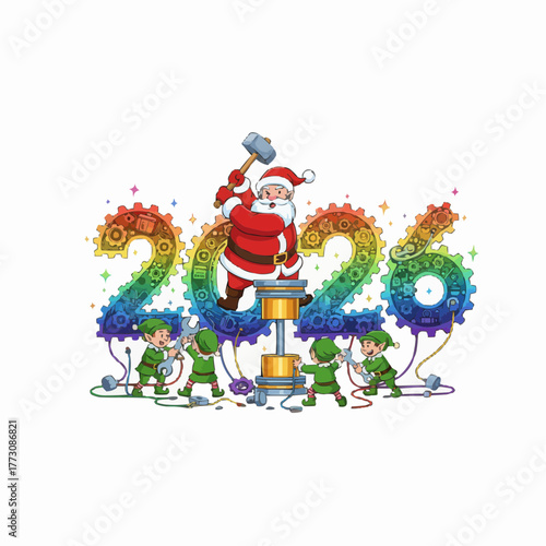 Santa and elves building the year 2020 with rainbow gears and mechanical elements