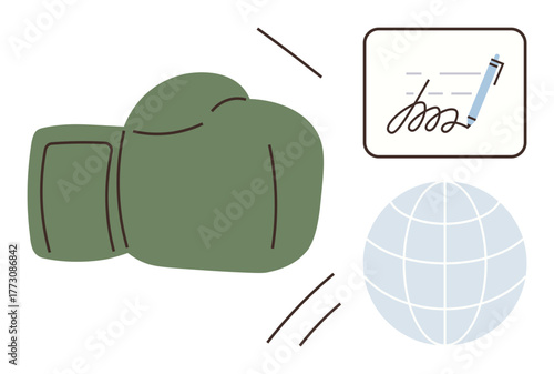 Boxing glove, signed paper, and globe emphasizing negotiation, conflict resolution, global collaboration, strategy, diplomacy, partnership and communication. Ideal for simple flat metaphor