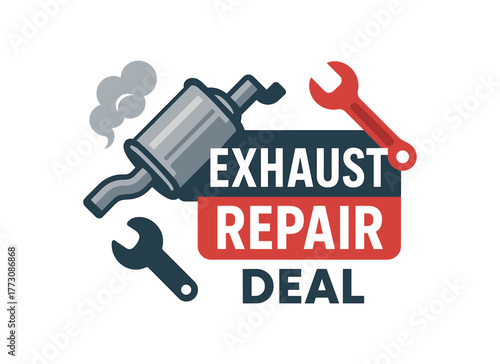 Flat vector banner design text EXHAUST REPAIR DEAL supporting icons of muffler wrench and smoke silver and red palette