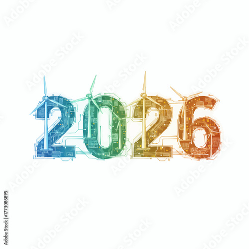 The year 2026 represented by wind turbines and digital circuit board patterns in a gradient of blue green and orange colors