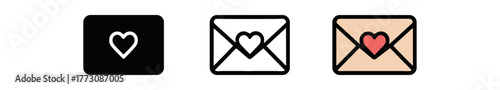 love letter envelope icon on white background Black silhouette flat icon outline icon and colored icon style. 1x3 grid. three minimal vector icon style. centered composition clear white