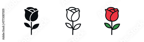 rose flower icon on white background Black silhouette flat icon outline icon and colored icon style. 1x3 grid. three minimal vector icon style. centered composition clear white space around