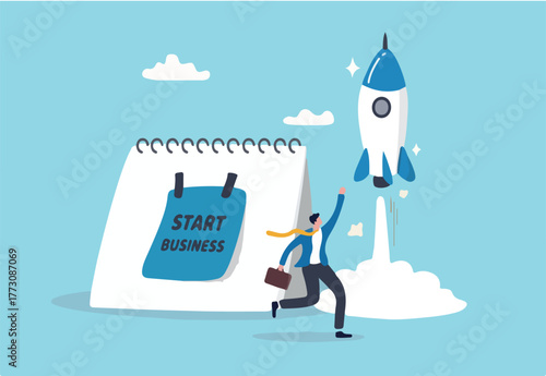 Start new business, quit full time job, startup launch company or product, begin innovative project, entrepreneur start small company concept, businessman launch rocket with calendar start date.