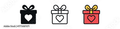 romantic gift box icon on white background Black silhouette flat icon outline icon and colored icon style. 1x3 grid. three minimal vector icon style. centered composition clear white space