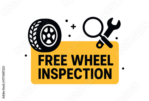 Flat vector banner design text FREE WHEEL INSPECTION supporting icons of tire magnifier and wrench black and palette isolated on white marketing approved bright palette with balanced