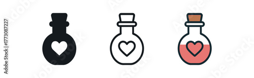 love potion bottle icon on white background Black silhouette flat icon outline icon and colored icon style. 1x3 grid. three minimal vector icon style. centered composition clear white space