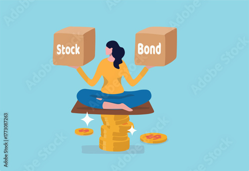Diversify portfolio investment, rebalance between stocks and bonds, passive invest wealth accumulate concept, intelligent woman keep calm sitting on stack of money coins balancing stock and bond boxes