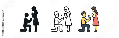 engagement proposal icon on white background Black silhouette flat icon outline icon and colored icon style. 1x3 grid. three minimal vector icon style. centered composition clear white
