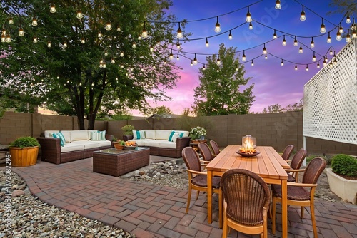 Obraz na plátne There is an outdoor patio featuring a table, chairs, and a cozy fire pit