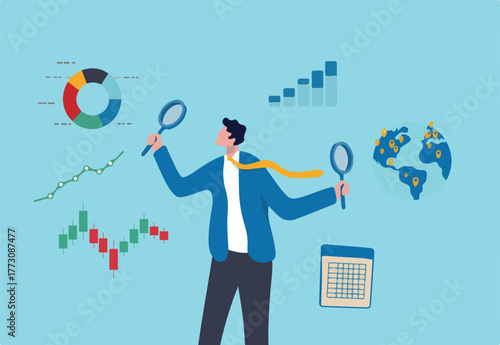 Business analysis, calculate or research for market growth, financial report, investment data or sale information concept, smart businessman analyst holding magnifying glass analyze graph and chart.