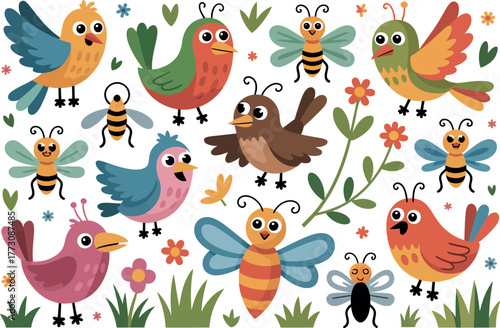 A collection of whimsical cartoon birds and bees with floral elements and grass.