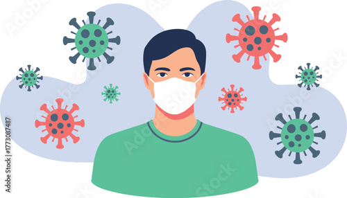 Man wearing a protective mask surrounded by COVID-19 virus particles.