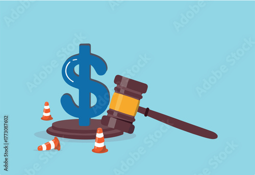 Workers compensation, insurance providing wages replacement, employee injured benefit, legal or law to compensate payment concept, justice gavel with dollar money symbol and accident pylons.