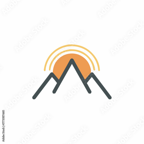 Stylized mountain peaks with a rising sun or sunset behind them simple graphic design