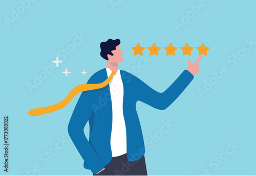 Customer feedback 5 stars rating, best quality, excellence high performance evaluation, positive ranking or business reputation and satisfaction concept, confidence businessman giving 5 stars rating.