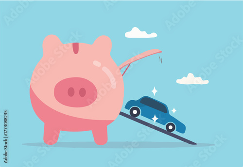 Saving money for new car, automobile expense and cost or car loan concept, wealthy piggybank open container loading deliver new car to new owner.