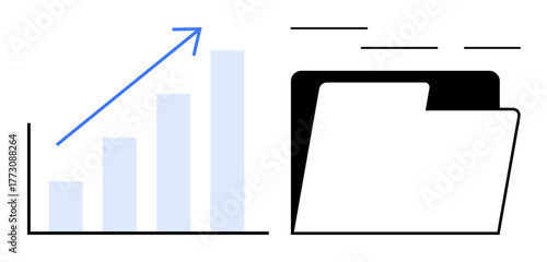 Bar chart with rising bars and arrow showing progress next to an open folder. Ideal for statistics, success, data analysis, growth tracking, business, organization, and performance. A simple flat