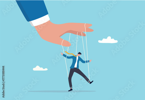 Domination or manipulate by control puppet doll, marionette or exploitation, authority or boss micro management, dictator or slave concept, mystery hand control string on businessman puppet doll.
