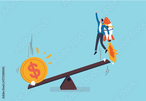 Economic stimulus money, central bank inject money to boost business and recover from Coronavirus COVID-19 crisis, big money dollar coin fall on seesaw to boost other side businessman with rocket.