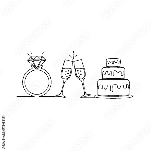 Wedding Celebration Continuous Line Art (Ring, Champagne, Cake)