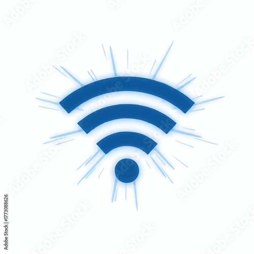 Abstract blue wi fi signal icon with radiating light streaks on a white background