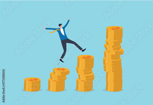 Compound interest, money growth investment, prosperity or earning and profitability stock concept, happy businessman investor jumping on stack of growth compound money coins.