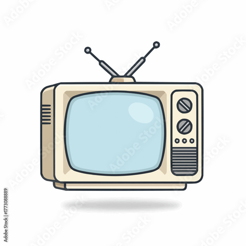 Retro television set with rabbit ear antennas and a light blue screen on a white background