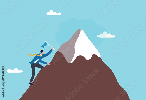 Effort or perseverance to reach goal or achievement success, mission or business growth, ambition to progress to target, tough or struggle concept, businessman climb up mountain to reach target.
