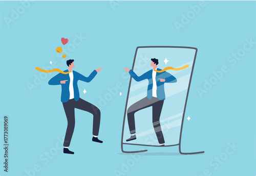 Self acceptance, love and respect yourself, key to success, confidence and positive thinking, attitude or mindset for leader concept, confidence businessman appreciate his self reflection on mirror.