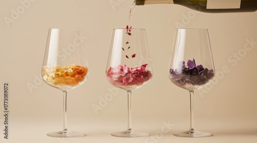 Elegant display of colorful petals in wine glasses being filled with champagne during a celebration